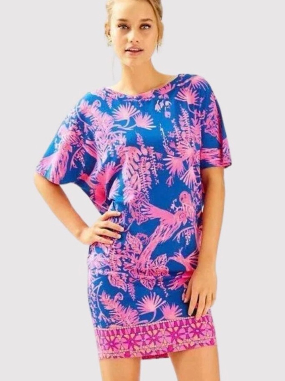 Lilly Pulitzer Lowe Dress Medium Indigo Night Caw Pink/Blue Bird Print NEW